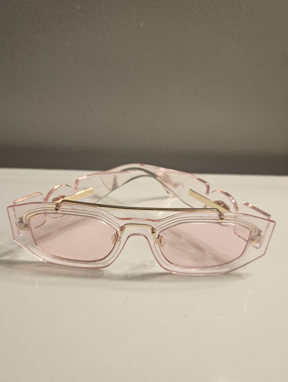 Versace Style Sunglasses featuring a Pink transparent acetate frame